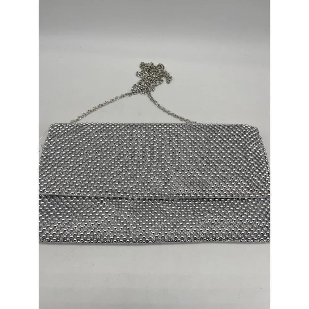 Mundi Large Silver Ball Mesh Flap Clutch with Silver Chain NWT